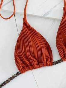 Aveloria Modichic Women's Elegant Beaded Halter Top And Low-Waist Thong Bikini Set, Textured 2-Piece Swimwear Beaded Bikini Triangl Bikini Bikini 2 Pieces Set - Rust Brown - View 4