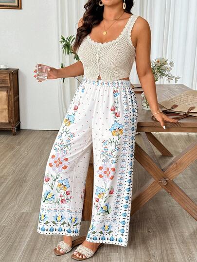 Weeklong Plus Size Women Floral Print Casual Versatile Wide Leg Pants For Daily Wear