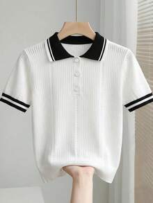 Franclia 女士撞色短袖针织上衣 - 白色 - 查看 1