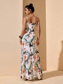 JIAN LASALA Multi Floral Tropical Print Mesh Ruched Bustier Spaghetti Straps Women Sleeveless Maxi Dress - Multicolor - View 2