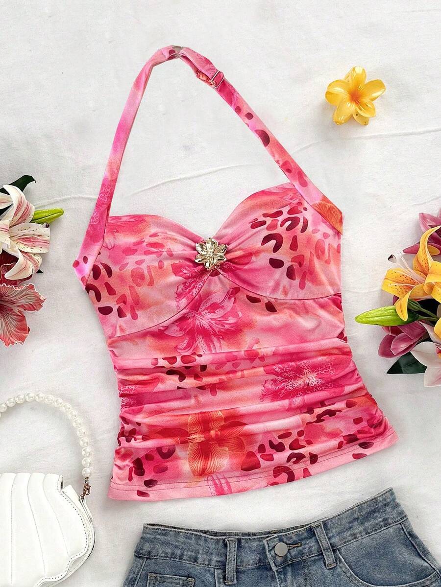 SHEIN 少女碎花吊带侧褶皱背心 - 卡其色 - 查看 1