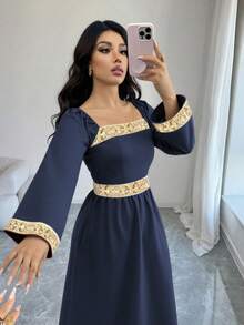 Lyxana Brown Square Collar Woven Belt Wrap Elegant Dress For Women - Navy Blue - View 5