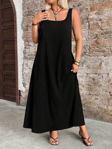 Breezaya 大码女式纯色休闲派对连衣裙 - 黑色 - 查看 3