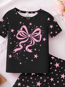 一套女童睡衣，粉色蝴蝶结和星星夜光印花，紧身短袖上衣和短裤，春夏款 - 黑色 - 查看 6