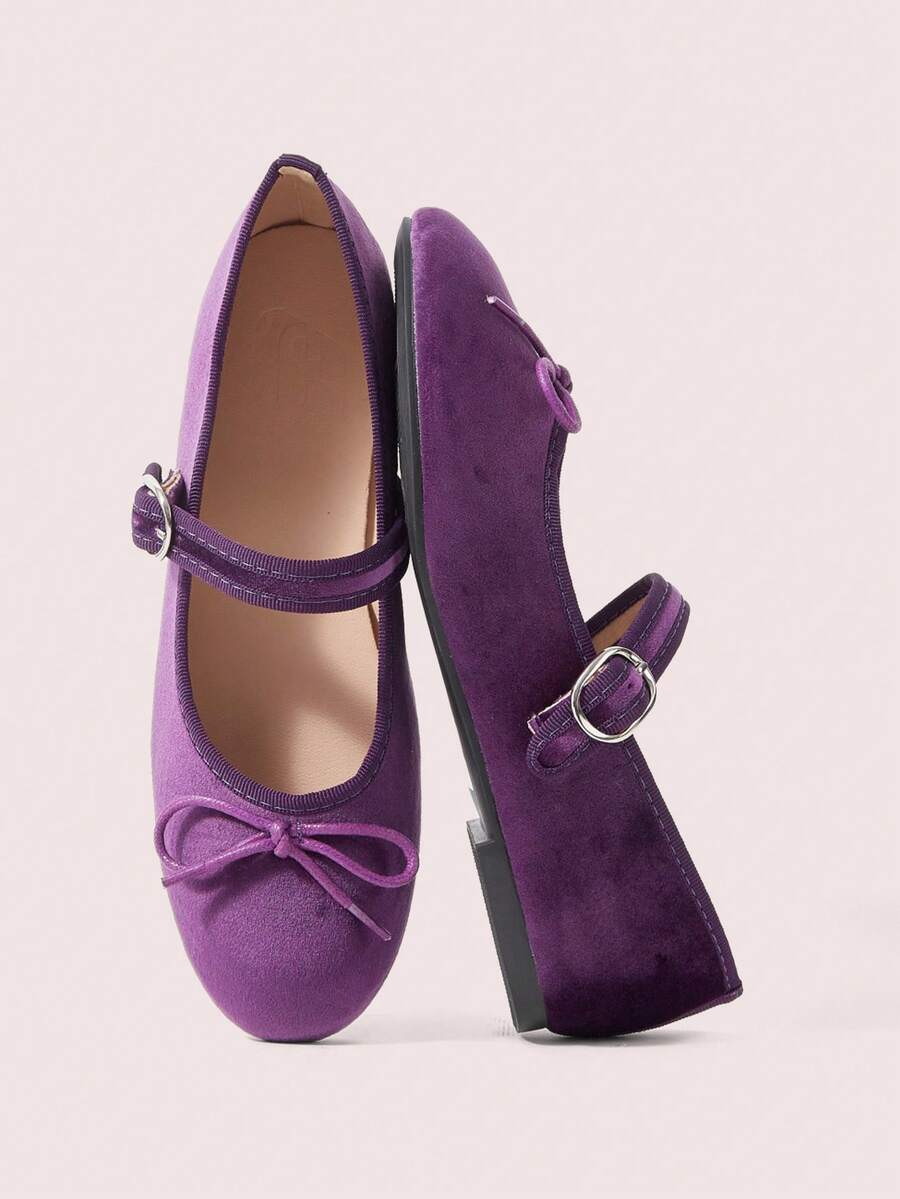 CUCCOO DOLLMOD Women's Grape Purple Round Toe Bow Decoration With Buckle Flat Sole Shoes Upper Velvet Material Suitable For Daily Commuting Birthday Parties - grape purple - View 1
