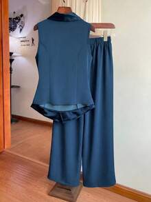 Franclia 大码女士优雅针织高弹面料系带领拼接缎面设计系带装饰松紧腰新款套装，适合度假、音乐会、通勤、时尚百搭外出、派对聚会、浪漫约会等场合，时尚两件套 - 藍色 - 查看 3