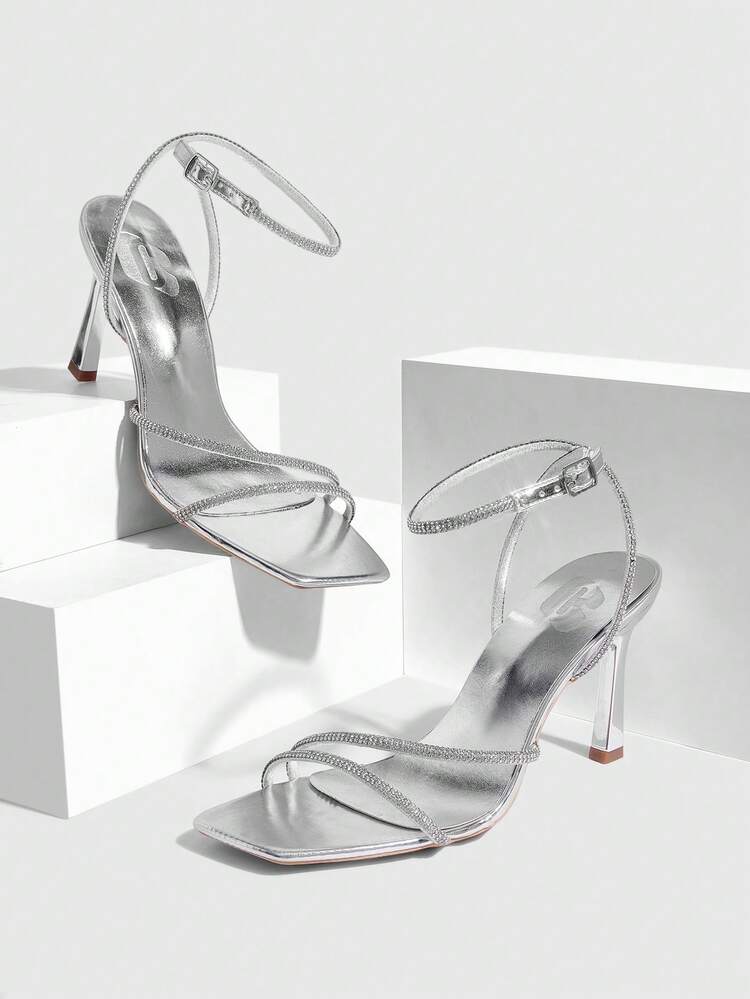 CUCCOO SZL Women Shoes Spring And Summer New Silver Rhinestone Belt Ankle Strap Women's High-Heeled Sandals Simple Fashion Comfortable Versatile Sexy Party Women's Sandals Women's Shoes Prom Heels