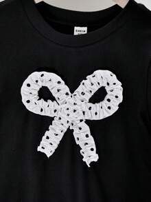 SHEIN 1pc Tween Girl Bowknot Pleated Short Sleeve Dress, Loose Fit, Spring/Summer - Black and White - View 7