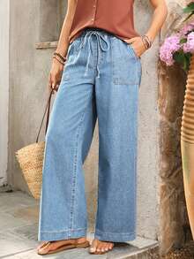 EMERY ROSE Women's Belted Wide Leg Loose Casual Jeans - Light Wash - View 5