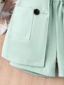 SHEIN Elladie kids Bộ 3 món cho bé gái (size nhỏ): Áo hai dây gân đen, áo khoác không tay, quần short và mũ, trang phục công sở thường ngày cho trẻ em. - màu xanh lá - Xem 7