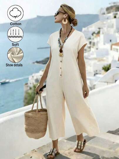 SHEIN Plus Size Solid White V-Neck Short Sleeve Button Front Wide Leg Long Jumpsuit Summer Jumpsuit 100% Cotton Woman Casual Jumpsuits For Woman European Style Clothes Summer Greece Vacation Outfits Women Women Vacation Outfits Vacation Jumpsuit Women Vacation Outfit Sets Casual Jumpsuits For Women Casual Jumpsuit For Women Summer Jumpsuits For Women