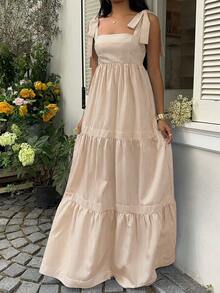 SHEIN Unity Vestido maxi de corte evasé con espalda abierta y lazada, cuello cuadrado, cintura alta y rayas azules, para primavera/verano y vacaciones - Caqui - Ver 6