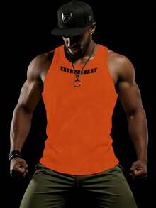 GymBeat 字母印花圆领男士时尚运动背心，夏季 - 橘色 - 查看 4