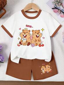 2件套少女休闲卡通海狸印花短袖T恤和短裤套装，夏季短袖短裤套装系列，适合女孩，可爱少女风上衣 - 彩色 - 查看 4