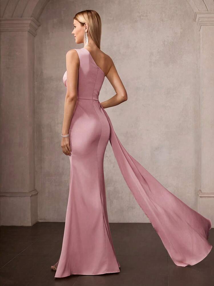 MOTF Soiréza WOMEN'S ELEGANT FORM-FITTING SLEEVELESS ASYMMETRICAL NECK SATIN MAXI PARTY GOWN – BEADED EMBELLISHMENTS, HIGH-SLIT MERMAID HEM & ASYMMETRIC DRAP SIDE | PERFECT FOR WEDDINGS, GALAS & FORMAL EVENINGS