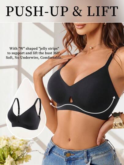 1pc Women's Solid Color Seamless Jelly Gel Non-Detachable Cup Pad Hollow Adjustable Strap Bra