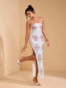 JIAN LASALA All-Over Print Mesh Off-Shoulder Sleeveless Bodycon Women Long Dress With Slits Summer Vacation Golf White Sexy - Multicolor - View 4