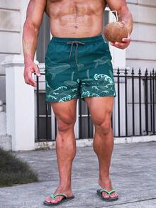 Manfinity Swimmode 男士休闲鲸鱼印花抽绳腰沙滩短裤，夏季 - 青碧色 - 查看 6