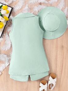 SHEIN Elladie kids Bộ 3 món cho bé gái (size nhỏ): Áo hai dây gân đen, áo khoác không tay, quần short và mũ, trang phục công sở thường ngày cho trẻ em. - màu xanh lá - Xem 2