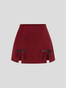Sweetra Women's Black A-Line Side Slit Bow Decor Sexy Chic Mini Skirt - Burgundy - View 1