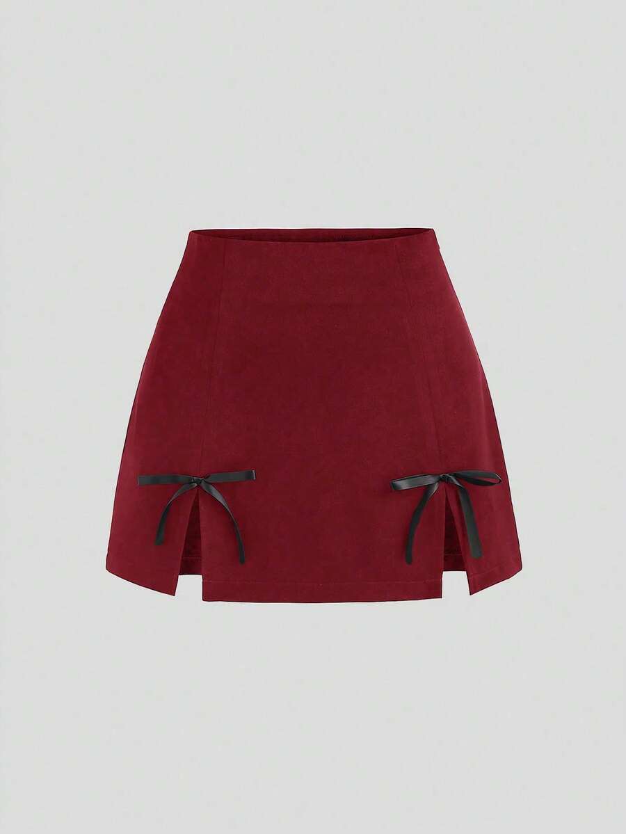 Sweetra Women's Black A-Line Side Slit Bow Decor Sexy Chic Mini Skirt - Burgundy - View 1