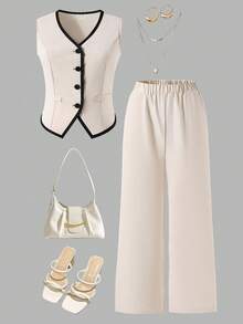 Reset Phase Conjunto de chaqueta sin mangas con cuello en V y botones con ribete de contraste y pantalones de cintura elástica para adolescentes - Albaricoque - Ver 3