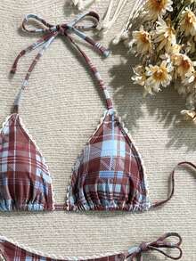 SHEIN Swim Mod 领带多色格子白色蕾丝侧系带比基尼套装 - 彩色 - 查看 3
