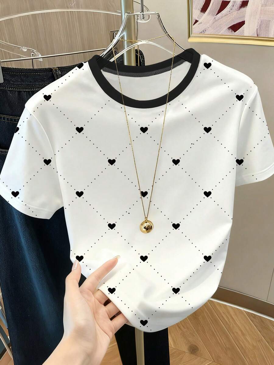 Resyla Women's Heart & Polka Dot Print Colorblock Round Neck T-Shirt - White - View 1