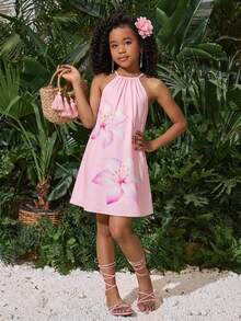 SHEIN Tween Girl Loose Casual Sleeveless Floral Print Midi Dress - Pink - View 1
