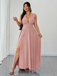 Elenzga Plus Size Women's Solid Color Deep V-Neck Slit Hem Sexy Halter Dress - Dusty Pink - View 5
