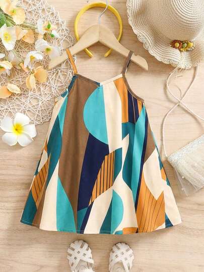 SHEIN Baby Girl Elegant Off-Shoulder Geometric Print A-Line Camisole Dress, Summer
