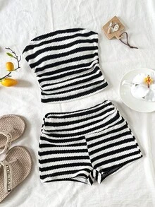SHEIN Teen Girl Striped Ruffle Bandeau Top And Shorts Set - Black and White - View 1