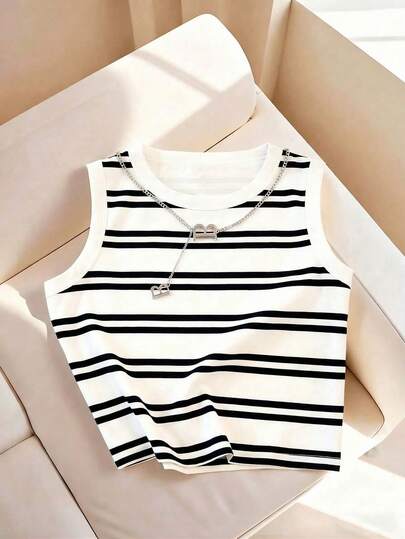 Resyla Women's Spring/Summer New Arrival Striped Print Pattern Round Neck Fitted Casual Tank Top