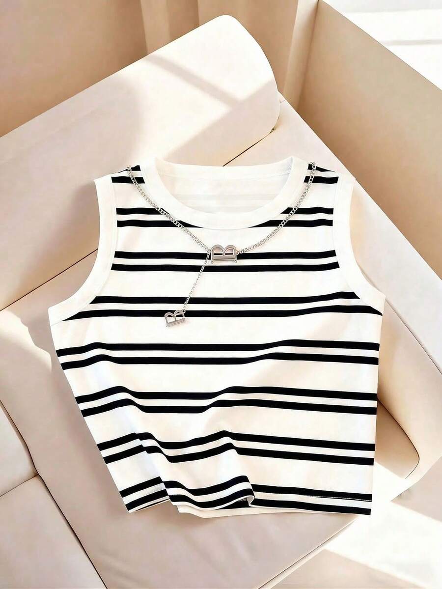 Resyla Women's Spring/Summer New Arrival Striped Print Pattern Round Neck Fitted Casual Tank Top - Multicolor - View 1