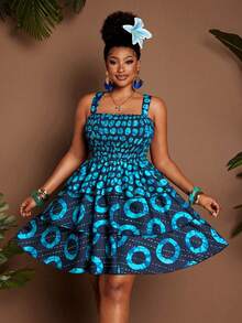 Maweii Plus Size Women's Navy Blue Summer Boho Vacation Holiday Dress,Abstract Striped Print,Adjustable Spaghetti Strap,Front&Back Drawstring Waist,Ruffle - Multicolor - View 3