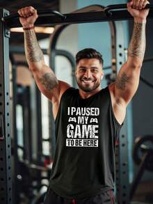 GymBeat 男士休闲字母印花圆领运动背心，夏季 - 黑色 - 查看 3