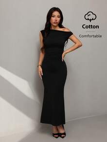 SHEIN PETITE 不对称超长鱼尾连衣裙，舒适棉质面料，适合夏季日常约会、旅行、派对、优雅女士外出、夜店活动、宴会等场合。 - 黑色 - 查看 6