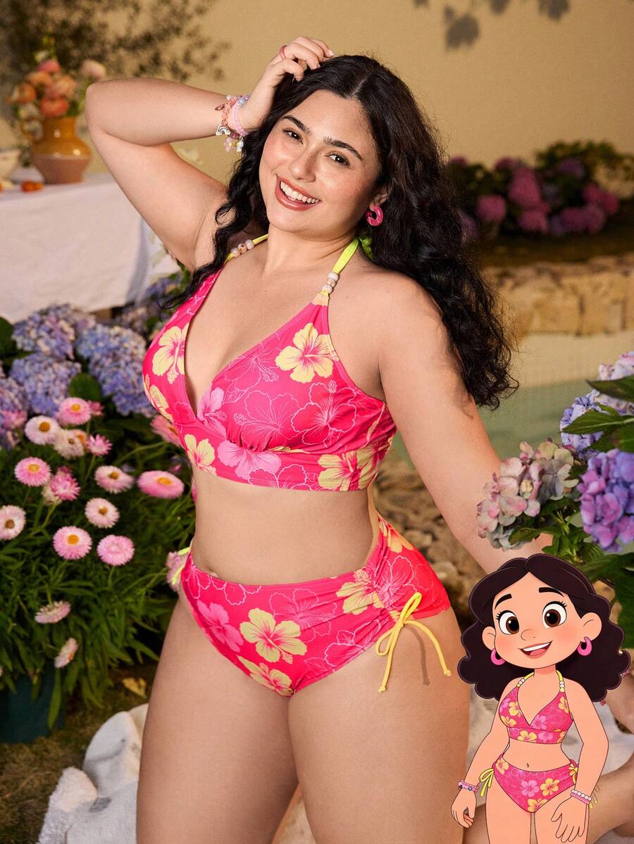 Swim Mod Plus Size 2pcs Floral Swimwear Set, Sweet Summer Women Beach Vacation Outfit - Multicolor - View 1