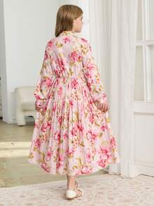 女童优雅波点印花高腰长裙，配有可拆卸蝴蝶结，适合返校、毕业典礼、派对、圣诞节、万圣节等场合。 - 彩色 - 查看 2