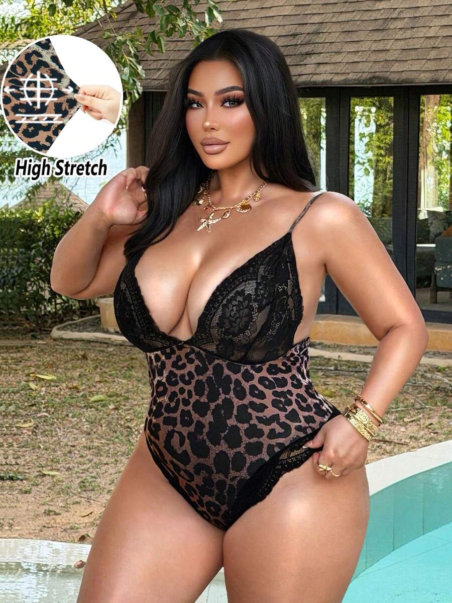 NU&NOW Plus Size Women's Leopard Print Knit Lace Trim Spaghetti Strap Bodysuit,Tight Waist Brown,Summer,70's,Night Out Club,Party, Date Outfit - Multicolor - View 1