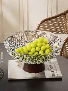 Large Capacity Fruit Plate, Living Room Party Candy Dish, Dessert Plate, Snack Plate, Reusable Faux Wood Grain Base, Drain Hole, Shockproof - Transparent White With Wood Grain Base - View 2