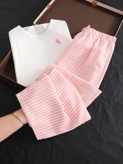 Sparklyn Bộ áo thun và quần kẻ caro in hình quả anh đào dễ thương dành cho bé gái