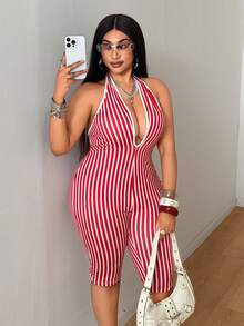 Maweii Plus Size Halter Tie Back Sexy Striped Backless Jumpsuit, Suitable For Beach Vacation - Red - View 5