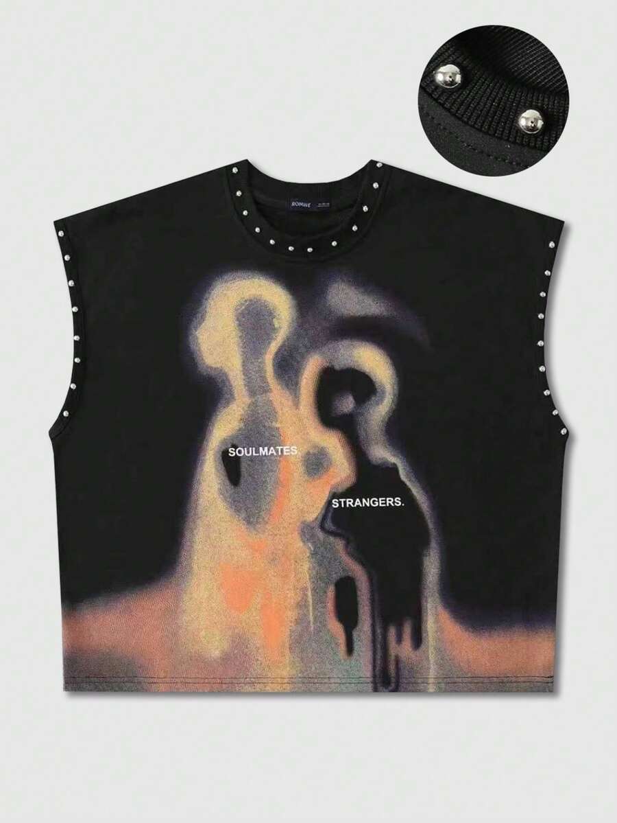 ROMWE MEN Street Life Men's Rivet Decor Blurred Portrait Print Loose Fit Tank Top Spring/Summer - Black - View 1