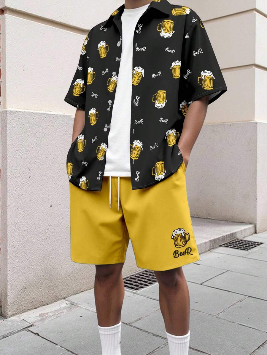 Manfinity Roghcode 男士夏季休闲啤酒印花衬衫和短裤套装 - 彩色 - 查看 1