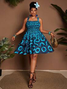 Maweii Plus Size Women's Navy Blue Summer Boho Vacation Holiday Dress,Abstract Striped Print,Adjustable Spaghetti Strap,Front&Back Drawstring Waist,Ruffle - Multicolor - View 6