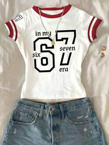 一件可爱少女修身短袖圆领印花67six Seven涤纶T恤，搭配撞色滚边。可爱T恤套装，适合少女穿着，蝴蝶图案T恤。 - 彩色 - 查看 3