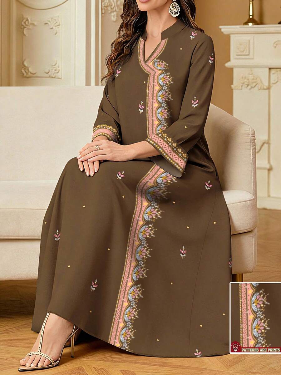 SHEIN Najma 女士闪亮仿钻印花V领长袖连衣裙，优雅春夏款 - 彩色 - 查看 1