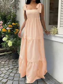 SHEIN Unity Đầm maxi dáng xòe không tay, cổ vuông, eo cao, phối màu sọc xanh dương, hở lưng, buộc dây, gợi cảm, thích hợp cho kỳ nghỉ xuân/hè. - trái cam - Xem 3