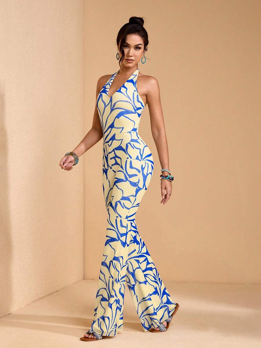 JIAN LASALA All-Over Print Mesh V Neckline Halter Tie Backless Women Flared Leg Jumpsuit Summer Vacation - Multicolor - View 1